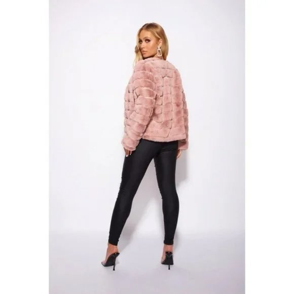 Pink Faux Fur Long Sleeve Collarless Paneled Jacket - Picture 6 of 15